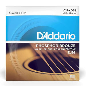 D'Addario EJ16 Phosphor Bronze Light Acoustic Guitar Strings, .012 - .053