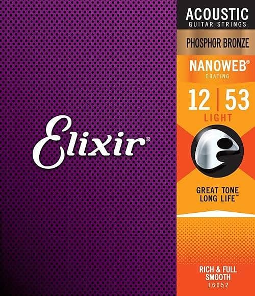 Elixir 16052 Nanoweb Phosphor Bronze Acoustic Guitar Strings - Light (12-53)