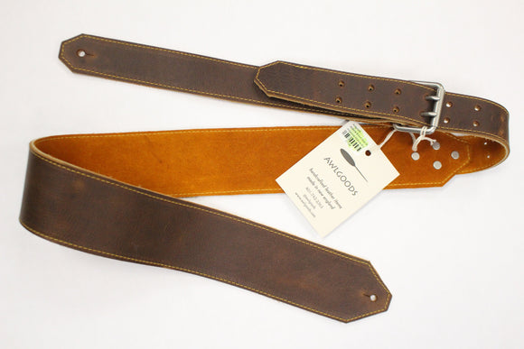 Awlgoods Hand Crafted Leather Guitar Strap Midtone Brown with Gold Stitching