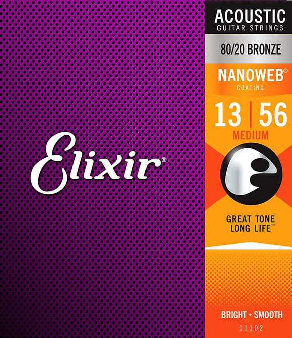 Elixir Strings Acoustic Guitar Strings, 6-String, Medium Nanoweb Coating 11102 (.013 - .056)